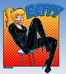 1girls archie_comics betty_and_veronica betty_cooper big_breasts black_latex_elbow_gloves blonde_hair bodysuit cleavage elbow_gloves english_text female female_only fetish_wear fully_clothed high_heel_boots high_heels jpeg latex latex_bodysuit latex_boots latex_catsuit latex_clothing latex_corset latex_suit looking_at_viewer one_knee_up platform_boots platform_heels ponytail poochygirls red_lipstick shiny_clothes smile smiling_at_viewer solo stiletto_boots stripper_boots text tight_clothing