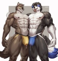 abs amon-sydonai anthro black_body black_fur black_hair blue_hair bodily_fluids border_collie brown_body brown_fur bulge canid canine canis clothed clothing collie domestic_dog dreamworks dripping duo floppy_ears fur gay genital_fluids genital_outline grin hair herding_dog hi_res highlights_(coloring) jockstrap jockstrap_only looking_at_viewer male male/male mammal mr._wolf_(the_bad_guys) obliques pastoral_dog pecs penis_outline precum precum_drip precum_through_clothing precum_through_jockstrap sheepdog smile teeth the_bad_guys tongue tongue_out topless underwear underwear_only wet wet_clothing white_body white_fur wolf