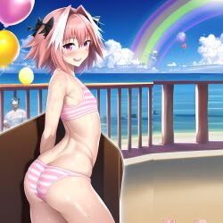 1boy ai_generated ass ass_focus astolfo_(fate) balloon beach big_ass big_butt bulge fate/apocrypha fate/grand_order fate_(series) femboy girly male male_only novelai ocean pier pink_eyes pink_hair pov shorts smile smiling smiling_at_viewer striped_panties wet wet_clothes