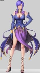 1girls bare_legs breasts cleavage earrings elbow_gloves female female_only fire_emblem fire_emblem:_the_blazing_blade full_body gloves grey_background high_heel_sandals high_heels hourglass_figure huge_breasts legs looking_at_viewer nail_polish nintendo pollo1567 purple_eyes purple_hair purple_nails sandals short_hair side_slit smile solo ursula_(fire_emblem) wide_hips