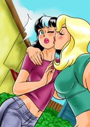 2girls alexandra_cabot archie_comics arm_around_shoulder big_breasts blonde_hair blue_eyes breasts eyes_closed female female_only josie_and_the_pussycats kissing_cheek melody_valentine one_eye_closed pulling_away red_lipstick selfie surprised_expression tagme_(artist) tight_clothing turning_head two_tone_hair unknown_artist view_from_below white_streak yuri