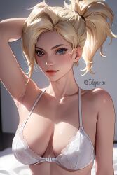 ai_generated armpit blonde_hair bra breasts hand_on_head idgaroo looking_at_viewer mercy overwatch ponytail stable_diffusion tagme white_bra white_underwear