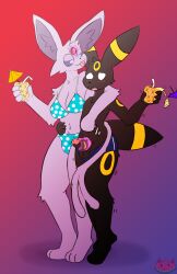 absurd_res anthro balls beverage bikini breasts clothing dangermons duo eeveelution erection espeon female generation_2_pokemon genitals hi_res larger_female male male/female mammal nervous nintendo pokemon pokemon_(species) simple_background size_difference smaller_male speedo swimwear umbreon