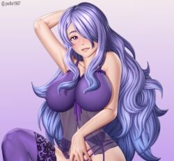 1girls arm_behind_head armpits bare_thighs blue_hair bra breasts camilla_(fire_emblem) female female_only fire_emblem fire_emblem_fates garter_belt grin hair_over_one_eye huge_breasts lingerie long_hair looking_at_viewer midriff nail_polish nightgown nintendo panties pink_eyes pollo1567 purple_background purple_hair purple_nails purple_panties see-through smile solo thighhighs thighs underwear upper_body very_long_hair