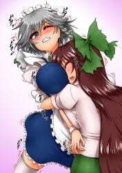 2girls bearhug blush bow face_in_breasts female female_only fully_clothed gritted_teeth maid one_eye_closed sakuya_izayoi stockings tagme touhou trembling utsuho_reiuji yazuki_gennojou