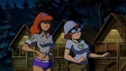 2girls animated big_breasts breast_expansion breasts brown_hair daphne_blake denim_shorts female freckles gif glasses scooby-doo scooby-doo!_camp_scare short_hair slideshow thick torn_clothes velma_dinkley wide_hips yetig