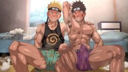 2boys abs armpit_hair armpits bara bedroom biceps blonde_hair blue_eyes blush boner boxer_briefs boxers_(clothing) brown_hair danzi_engine erection erection_under_clothes feet_out_of_frame gay hairy hairy_legs hairy_male inuzuka_kiba looking_at_viewer male male_nipples male_only muscular muscular_arms muscular_male naruto naruto_(series) nipples shiba_yuuji sitting_on_floor steam steaming_body sweat sweatdrop sweating tan_body tank_top tanned_male tanned_skin tissue underwear underwear_only used_tissue uzumaki_naruto yaoi