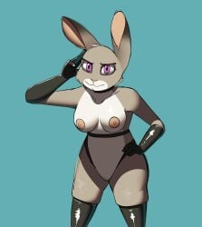 anthro breasts clothing countershade_torso countershading disney donya elbow_gloves female fur genitals gloves grey_body grey_fur handwear hi_res judy_hopps lagomorph latex latex_gloves latex_thigh_highs leporid mammal nipples pink_eyes pussy rabbit solo zootopia