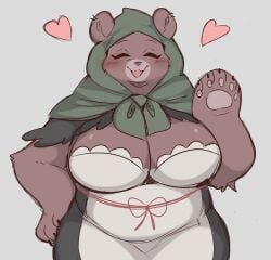 1girls 2023 anotherbearsimp anthro bear big_breasts blush blush_lines breasts brown_body brown_fur brush cleavage closed_eyes closed_eyes clothed clothing eyelashes female female_only front_view fur hand_on_hip heart hi_res hood mama_mellow_(anotherbearsimp) mammal mature_anthro mature_female open_mouth pawpads raised_arm simple_background smile smiling_at_viewer solo white_background