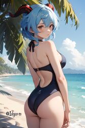 ai_generated ass back beach behind_view blue_hair brown_eyes day ganyu_(genshin_impact) genshin_impact goat_horns idgaroo looking_at_viewer looking_back mihoyo one_piece_swimsuit stable_diffusion swimsuit tagme