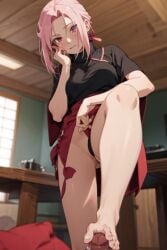 1girls ai_generated aigeneratedp barefoot feet foot_fetish footjob legs male_pov medium_breasts milf naruto naruto_shippuden pink_hair pov pov_eye_contact sakura_haruno standing standing_footjob toes