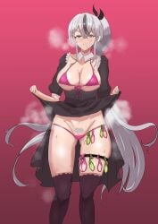 1girls alternate_costume azur_lane black_hair blush bra breasts clothed clothing condoms covered_nipples cum_in_condom embarrassed female female_only female_pubic_hair filled_condoms green_condoms grey_hair huge_breasts ikamachine iron_blood_(azur_lane) light-skinned_female light_skin musk musk_clouds official_alternate_costume panties pink_bra pink_condoms pink_panties pubic_hair solo thüringen_(azur_lane) thüringen_(tidying_in_the_moonlight)_(azur_lane) two_tone_hair used_condoms