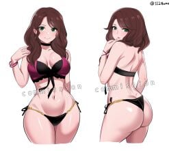 1girls ass back back_view bare_arms bare_back bare_shoulders big_ass bikini black_bikini black_choker black_swimsuit breasts brown_hair choker commentary_request commission dorothea_arnault dorothea_arnault_(summer) female female_only fire_emblem fire_emblem:_three_houses fire_emblem_heroes green_eyes hand_up highres large_breasts long_hair looking_at_viewer multiple_views namu_(112namu) navel nintendo no_headwear official_alternate_costume pixiv_commission simple_background standing stomach swimsuit thighs white_background