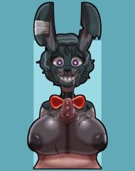 anthro bandage big_breasts blue_background blue_body blue_fur blue_hair bodily_fluids breasts duo eyelashes female first_person_view five_nights_at_freddy's five_nights_at_freddy's_4 floppy_ears fur grey_body grey_fur hair hi_res huge_breasts human inverted_nipples lagomorph leporid lewdabis light-skinned_male looking_at_viewer lop_ears male male/female mammal nightmare_bonnie nipples notched_ear pov_titfuck purple_eyes rabbit red_bow rule_63 saliva scar scottgames sharp_teeth simple_background teeth whiskers