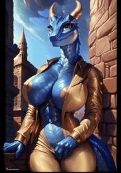 1girls ai_generated animated anthro argonian bare_breasts bethesda_softworks blue_skin dragon dragon_girl dragoness horns kobold looking_at_viewer naked_female nipple_bulge nipples reptile saturnvsmars scales scalie sharp_claws sharp_teeth skyrim smiling solo stable_diffusion standing table tail western_dragon yellow_eyes