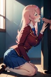 1boy 1boy1girl 1girls ai_generated ayanokouji_kiyotaka blowjob blue_eyes busty_female classroom_of_the_elite clothed clothing female ichinose_honami_(cote) implied_oral kissing_penis kneeling looking_pleasured male on_knees pant penis pink_hair red_blazer saliva saliva_trail school_uniform schoolgirl shoes skirt stable_diffusion testicles uncensored window youkoso_jitsuryoku_shijou_shugi_no_kyoushitsu_e