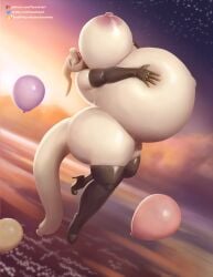 2023 air_inflation animate_inanimate anthro armwear ass balloon big_breasts big_butt breasts clothing curvy_figure dragon elbow_gloves female floating gloves hand_on_breast hand_on_stomach handwear horn huge_breasts huge_butt hyper inflatable inflation legwear living_inflatable nipples non-mammal_breasts open_mouth pink_eyes scalie smile solo tara_(taranima) taranima thick_thighs thigh_highs white_body wide_hips