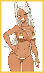 1girls alternate_costume bikini blush breasts bunny_ears bunny_girl dark-skinned_female dark_skin female female_only flowerpigeon73 gold_bikini hi_res miruko my_hero_academia rabbit_ears red_eyes rumi_usagiyama smiling solo swimsuit teeth_showing white_hair