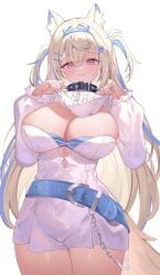 belt blue_nails blush chains cleavage clothes_lift collar cowboy_shot fuwawa_abyssgard hololive hololive_english hololive_english_-advent- huge_breasts large_thighs naughty_smile painted_nails presenting_cleavage smile spiked_collar thick_thighs virtual_youtuber white_background wide_hips