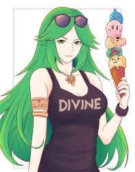 1girls animal_crossing breasts cleavage clothing dragon_quest earthbound female female_focus female_only glasses green_eyes green_hair isabelle_(animal_crossing) kid_icarus kirby kirby_(series) medium_breasts metroid metroid_(creature) mr._saturn nintendo palutena slime_(dragon_quest) solo truejekart