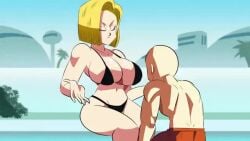 android_18 animated bald bikini blonde_hair blue_eyes blush breast_pillow city couple dragon_ball face_between_breasts fast fat_breasts flat_belly funsexydragonball hugging husband_and_wife krillin kuririn large_breasts muscular_male pool romantic romantic_couple short_hair tagme thick_thighs video water