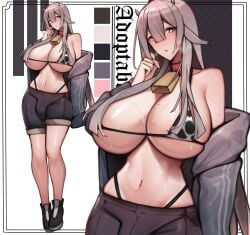 1futa adoptable breasts bulge cleavage clothed clothing cow_girl cow_print cow_print_bikini cowbell flaccid futa_only futanari grey_hair hi_res huge_breasts humanoid light-skinned_futanari light_skin long_hair original original_character partially_clothed penis solo solo_futa standing thighs unbeller