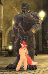 3d big_dom_small_sub black_penis dark-skinned_male dark_skin final_fantasy_xiv furry hrothgar imminent_rape imminent_sex interracial kneeling miqo'te monster_boy owned pale_skin petite red_hair size_comparison size_difference size_play smaller_female tamed