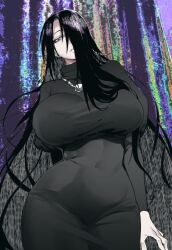 ass black_dress black_eyes black_hair breasts dress facial_mark female fingernails highres huge_breasts indoors sudeni_sokurou