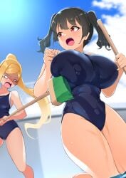 2girls bangs black_hair blank_eyes blonde_hair blue_one-piece_swimsuit blue_sky blurry blurry_background blush breast_envy breasts broom cloud competition_school_swimsuit day depth_of_field dutch_angle hands_up high_ponytail holding holding_broom huge_breasts kanna_sasaki_(kaedeko) lady_flat_chest_(kaedeko) large_breasts long_hair looking_at_another looking_at_breasts looking_down manabebebe multiple_girls o_o oerba_yun_fang one-piece_swimsuit open_mouth original outdoors parted_bangs partially_submerged ponytail pool red_eyes school_swimsuit shiny shiny_hair short_hair shortstack sidelocks sky standing surprised swept_bangs swimsuit taut_clothes teeth thick_thighs thighs twintails v-shaped_eyebrows very_long_hair water wavy_hair wet wet_clothes wide-eyed