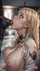 1girls ai_generated blonde_hair blowjob character_request deepthroat deepthroat_holder deepthroat_no_hands empty_eyes faint fainted fellatio female hentai kneeling oral petite seducedai slut