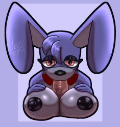 anthro areola big_breasts black_areola black_eyeshadow black_nipples bonnie_(fnaf) breast_play breasts duo eyelashes eyeshadow fellatio female first_person_view five_nights_at_freddy's floppy_ears fur genitals head_tuft hi_res huge_breasts human lagomorph leporid lewdabis light-skinned_male looking_at_viewer lop_ears makeup male mammal nipples oral paizufella paizuri penile penis pink_eyes pov_blowjob pov_titfuck purple_background purple_body purple_fur rabbit red_bow rule_63 scottgames sex simple_background titfuck titjob tuft