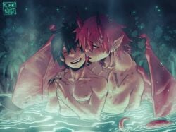 2boys bathing boku_no_hero_academia claws dragon_boy dragon_horns dragon_wings eijirou_kirishima freckles horns in_water izuku_midoriya kirishima_eijirou licking licking_face male male/male male_only midoriya_izuku muscular muscular_male my_hero_academia outdoor_bathing outdoors pointy_ears red_hair red_horns shirtless syblatortue water wings yaoi