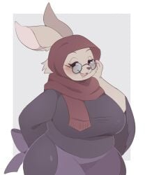 1girls anotherbearsimp anthro big_breasts biped blush border breasts clothed clothing disney eyelashes eyewear female female_only front_view glasses headscarf hi_res huge_breasts lagomorph leporid looking_at_viewer mammal mature mature_female milf mother_rabbit open_mouth rabbit robin_hood_(disney) round_glasses simple_background smile smiling smiling_at_viewer solo white_border