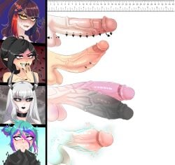 1boy 3futas absu absurd_res alexklein balls big_penis diphallia diphallism erection femboy futanari huge_cock light-skinned_futanari light-skinned_male light_skin male multi_penis original_character original_characters penis penis_size_chart penis_size_difference pierced_genitals pierced_penis red_eyes standing veins wavy_mouth