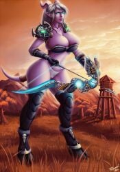 1girls blizzard_entertainment draenei female female_only huge_breasts hunter_(warcraft) isabella_(nikky_nylon) nipple_slip original_character personalami purple_skin solo thick_thighs thighhighs warcraft white_hair world_of_warcraft