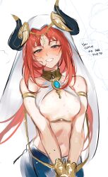 1girls blush breasts_out eyelashes female female_only genshin_impact half-closed_eyes happy light-skinned_female looking_at_viewer mob_hwan nilou_(genshin_impact) red_hair smile solo sweat sweaty wholesome