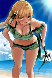 1girls adjusting_clothes adjusting_swimsuit alternate_costume beach bikini blonde_hair breasts cleavage female female_only fire_emblem fire_emblem:_three_houses fire_emblem_heroes green_bikini green_eyes green_swimsuit ingrid_brandl_galatea ingrid_brandl_galatea_(summer) large_breasts nintendo ocean official_alternate_costume outdoors sail10060054 solo swimsuit