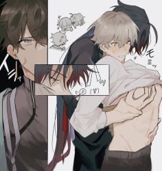 3boys ahoge anger_vein arm_grab back black_background black_coat black_hair black_shirt blade_(honkai:_star_rail) blush caelus_(honkai:_star_rail) clenched_hand coat dan_heng earrings grabbing gradient_hair grey_eyes grey_hair grey_pants hair_between_eyes hair_over_one_eye hair_ribbon hands_up honkai:_star_rail honkai_(series) jewelry long_hair long_sleeves looking_at_another love_triangle male_focus multicolored_hair multiple_boys oerba_yun_fang open_clothes open_coat open_mouth pants pectorals puffy_long_sleeves puffy_sleeves red_eyes red_hair red_ribbon ribbon shirt short_hair simple_background single_earring smile standing teeth user_jzhm8572 v-shaped_eyebrows white_background white_coat white_shirt yaoi yellow_eyes