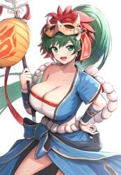 1girls :d alternate_costume bandages blue_shirt blue_skirt blush breasts chest_sarashi cleavage collarbone commentary_request cowboy_shot female female female_only fire_emblem fire_emblem:_the_blazing_blade fire_emblem_heroes gonzarez green_eyes green_hair hand_on_own_hip hand_up highres holding huge_breasts long_hair looking_at_viewer lyn_(fire_emblem) lyn_(flame)_(fire_emblem) mask mask_on_head nintendo official_alternate_costume open_mouth ponytail revision sarashi shirt simple_background single-shoulder_shirt single_bare_shoulder single_sleeve skirt smile solo standing strapless tube_top very_long_hair white_background