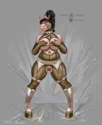 2023 anthro artist_name ass big_breasts big_butt black_hair bondage boots braided_hair breasts clothing collar curvy_figure digital_drawing_(artwork) digital_media_(artwork) equid equine female footwear genitals gloves gold_(metal) gold_jewelry green_eyes hair handwear harness hi_res horse huge_butt jewelry kostictoxic lacing latex_gloves latex_mask leather leather_boots leather_clothing leather_footwear looking_back mammal mask mature_female ponytail pussy shaded_signature simple_background smile solo standing tail thick_thighs touching_breasts transparent_latex wahafagart white_body white_skin wide_hips