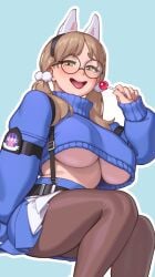 1girls 2023 animal_ear_hairband blue_archive breasts brown_eyes brown_hair candy female glasses hips holding_object huge_breasts light-skinned_female light_skin lolipop long_hair long_sleeves moe_(blue_archive) rabbit_squad_(blue_archive) rizdraws srt_special_academy_student thick_thighs thighs underboob wide_hips