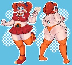 2d 2d_(artwork) animatronic baby_(fnafsl) big_ass big_breasts big_butt blue_background blue_eyes blue_eyeshadow blue_nails blush bottom_heavy chubby chubby_female circus_baby circus_baby_(fnaf) clown clown_girl clown_makeup five_nights_at_freddy's five_nights_at_freddy's:_sister_location ice_cream orange_hair orange_panties orange_thighhighs peachrot red_cheeks red_clothing red_lipstick red_shoes red_skirt robot robot_girl slightly_chubby solo topless twintails white_body white_skin