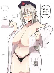 1girls areola areola_slip areolae_slip belly belly_button big_breasts coffee coffee_mug doctor drinking eirin_yagokoro english_text female female_only grey_hair hat mature_female mole nipple_slip notnoe_(dxcl) nurse open_jacket partially_clothed silver_hair solo solo_female text text_bubble thick_thighs thighs thong touhou white_hair yellow_eyes