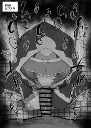 1boy :>= bar_censor breasts censored covered_eyes erection facing_viewer fate/grand_order fate_(series) fellatio female greyscale hat kurotama large_breasts locusta_(fate) monochrome nipples oral penis pov saliva solo_focus straight sweat tile_floor tiles