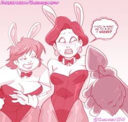 2023 2girls anal anal_tail bbw blush bowtie bunny_costume bunny_ears buttplug buttplug_tail chickpea collar dialogue disney earrings embarrassed english_text female female_focus gradient_background large_buttplug lily_(turning_red) lily_lee looking_at_another milf ming_lee monochrome open_mouth pink_background pink_theme pixar sex_toy short_hair simple_background smile speech_bubble sweat sweating text turning_red