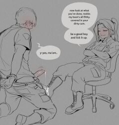 1boy 1girls 2023 arms_behind_back arms_crossed bootjob capcom cum cum_drip cum_on_boots cum_on_shoes dialogue dominant_female dommy_mommy english_text female femdom glacierclear grey_background handcuffed handcuffs kneeling leon_scott_kennedy long_hair male mod_(glacierclear) monochrome narrowed_eyes pants_down penis ponytail resident_evil resident_evil_4 resident_evil_4_remake sitting smile smug speech_bubble teeth_clenched very_high_resolution