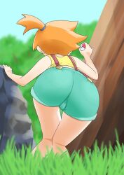 1girls ass asymmetrical_hair bare_legs cowboy_shot denim denim_shorts female female_only game_freak gen_1_pokemon gym_leader hair_tie highres holding holding_object huge_ass kasumi_(pokemon) large_ass legs microsd_(artist) nintendo nude orange_hair pibo poke_ball pokemon pokemon_(anime) pokemon_(classic_anime) pokemon_(game) pokemon_rgby ponytail shiny_skin shirt short_hair short_shorts shorts side_ponytail solo suspenders thighs vagina wide_hips yellow_shirt