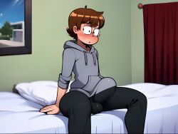 1boy 1male ai_generated bedroom bedroom_setting big_bulge black_pants blush brown_hair bulge bulge_through_clothing erect_penis erection erection_under_clothes erection_under_clothing grey_hoodie looking_at_bulge looking_at_penis looking_down room seaart.ai solo_male square_glasses suprised suprised_expression suprised_eyes suprised_look