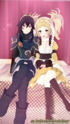 2girls 3d alternate_version_available aunt_and_niece blonde_hair blue_eyes blue_hair boots breasts crossed_legs female female_only fingerless_gloves fire_emblem fire_emblem_awakening gloves grey_eyes hands_together indoors jollyoldsoldier lissa_(fire_emblem) long_hair looking_at_viewer lucina_(fire_emblem) medium_hair multiple_girls nintendo open_mouth sitting small_breasts smile symbol-shaped_pupils tiara twintails