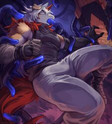 anthro arknights blue_eyes canid canine canis clothed clothing domestic_dog hi_res hung_(arknights) hypergryph male male_only mammal nurinaki oral oral_penetration penetration solo studio_montagne tentacle